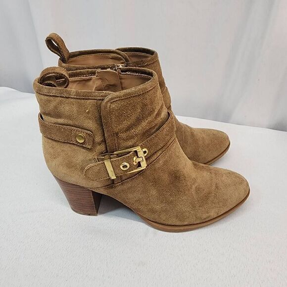 Franco Sarto Size 6.5 Women's Dorinda Suede Ankle Booties Cognac Buckle block He - Picture 4 of 10
